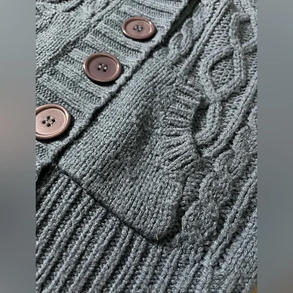 Love Rocks Midnight Blue Hooded Button Down Cableknit Cropped Sweater - M - Picture 4 of 12